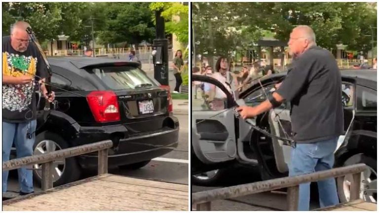 Man Tries To Shoot Protesters With Bow & Arrow, Gets Beaten Up And Car Lit On Fire (VIDEO)