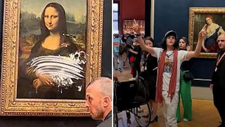 A Man Dressed As An Elderly Woman In A Wheelchair Has Smeared Cake Over The Mona Lisa