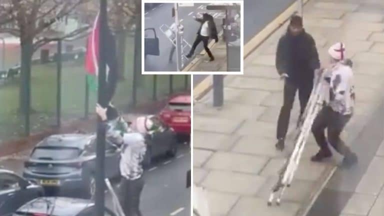 Man Rips Down Palestine Flag In London, Gets Kicked Off Ladder By Motorist And Fight Breaks Out